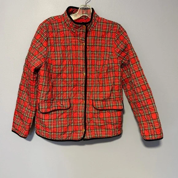 Talbots Red Plaid Quilted Jacket Black Trim Preppy Women’s medium - Picture 4 of 15
